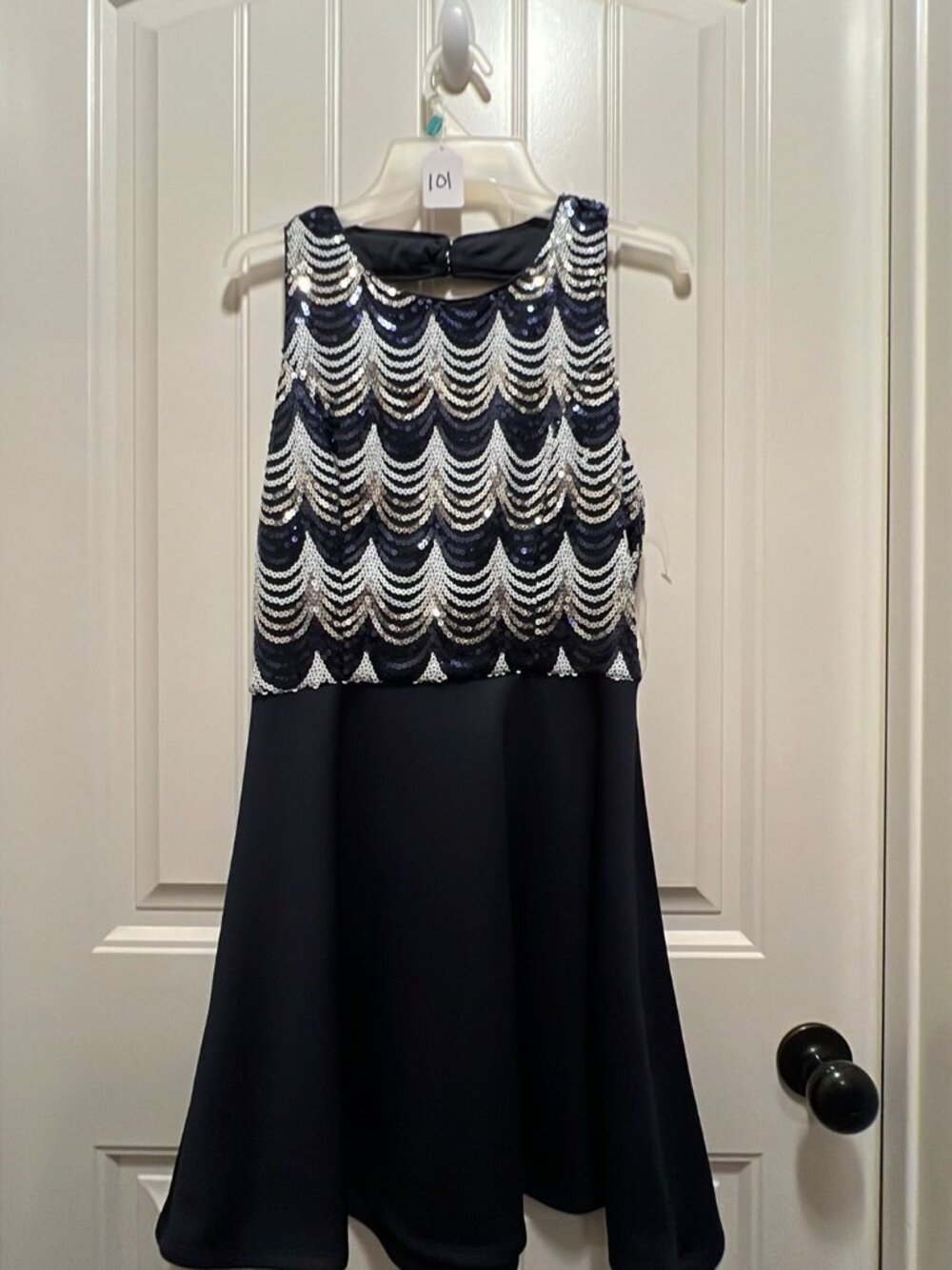 Midnight Doll Blue Knee Length Dress with White/Silver Sequins Jr/Miss Size L